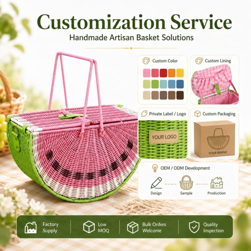 New Stylish Watermelon Shape Fruit Basket Handmade Woven Rattan Basket Natural Eco Friendly Kitchen Storage Basket