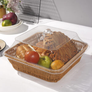 Natural Handmade Stacked Rectangle Bread Plastic Fruit Rattan Wicker Picnic Storage Baskets With Lid Kitchen Home Decoration