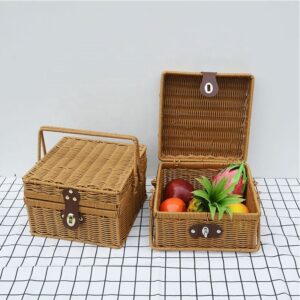 Retro Sustainable Handmade Rectangular Plastic Fruit Rattan Picnic Gift Storage Baskets With Lid Outdoors Camping Kitchen