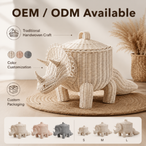 Wholesale Handwoven Natural Rattan Dinosaur Storage Basket with Lid Kids Toy Organizer for Nursery and Playroom