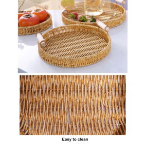 Boho Eco-Friendly Handwoven Round Food Bread Plastic Fruit Woven Rattan Picnic Storage Baskets Tray With Handle Desktop Kitchen