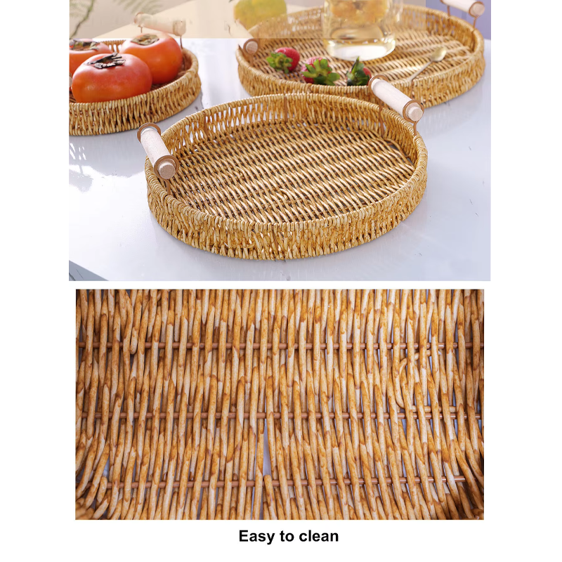 Boho Eco-Friendly Handwoven Round Food Bread Plastic Fruit Woven Rattan Picnic Storage Baskets Tray With Handle Desktop Kitchen
