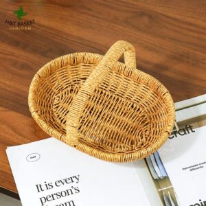 Boho Eco Friendly Handmade Oval Egg Plastic Flower Fruit Woven Wicker Gift Storage Baskets With Handle Restaurant Kitchen