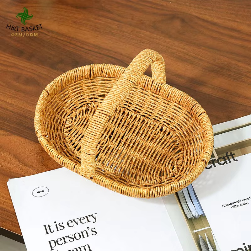 Boho Eco Friendly Handmade Oval Egg Plastic Flower Fruit Woven Wicker Gift Storage Baskets With Handle Restaurant Kitchen