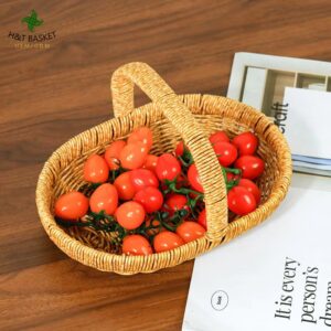 Boho Eco Friendly Handmade Oval Egg Plastic Flower Fruit Woven Wicker Gift Storage Baskets With Handle Restaurant Kitchen