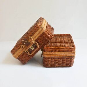 Ready to Ship Handmade Woven Picnic Basket Hamper Shopping Vintage Basket With Lid and Handle for Camping for Shopping
