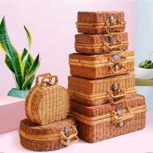 Ready to Ship Handmade Woven Picnic Basket Hamper Shopping Vintage Basket With Lid and Handle for Camping for Shopping