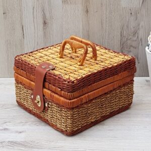 Wicker Rattan Custom Vintage Small Rurality Hamper With Lid and Handle Rectangular Woven Bamboo Picnic Basket