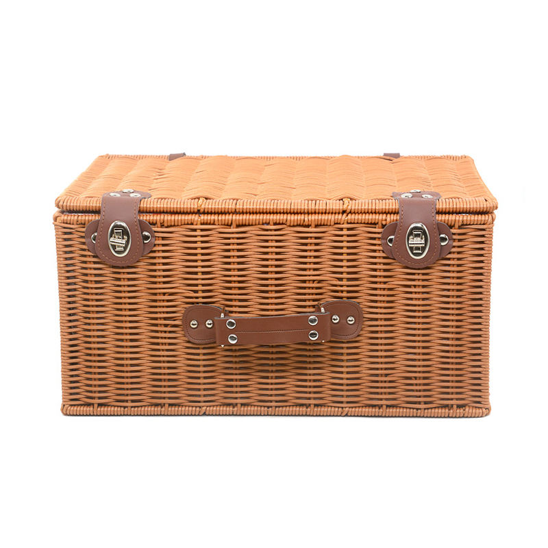 Vintage Handmade Rectangle Plastic Wicker Picnic Gift Storage Baskets With Lid Handle Red Lining Shopping Camping Outdoor