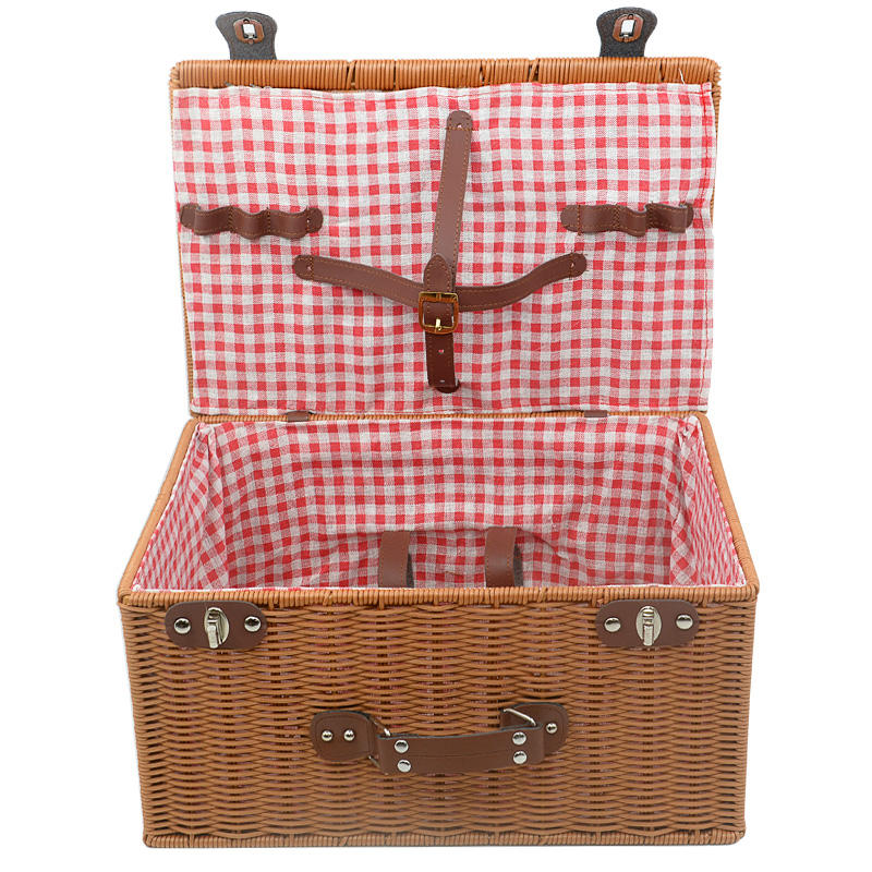 Vintage Handmade Rectangle Plastic Wicker Picnic Gift Storage Baskets With Lid Handle Red Lining Shopping Camping Outdoor