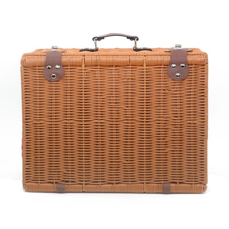 Vintage Handmade Rectangle Plastic Wicker Picnic Gift Storage Baskets With Lid Handle Red Lining Shopping Camping Outdoor