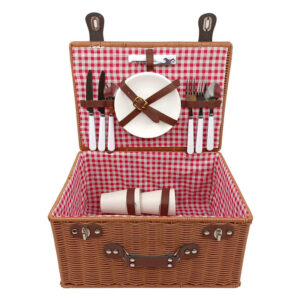 Vintage Handmade Rectangle Plastic Wicker Picnic Gift Storage Baskets With Lid Handle Red Lining Shopping Camping Outdoor