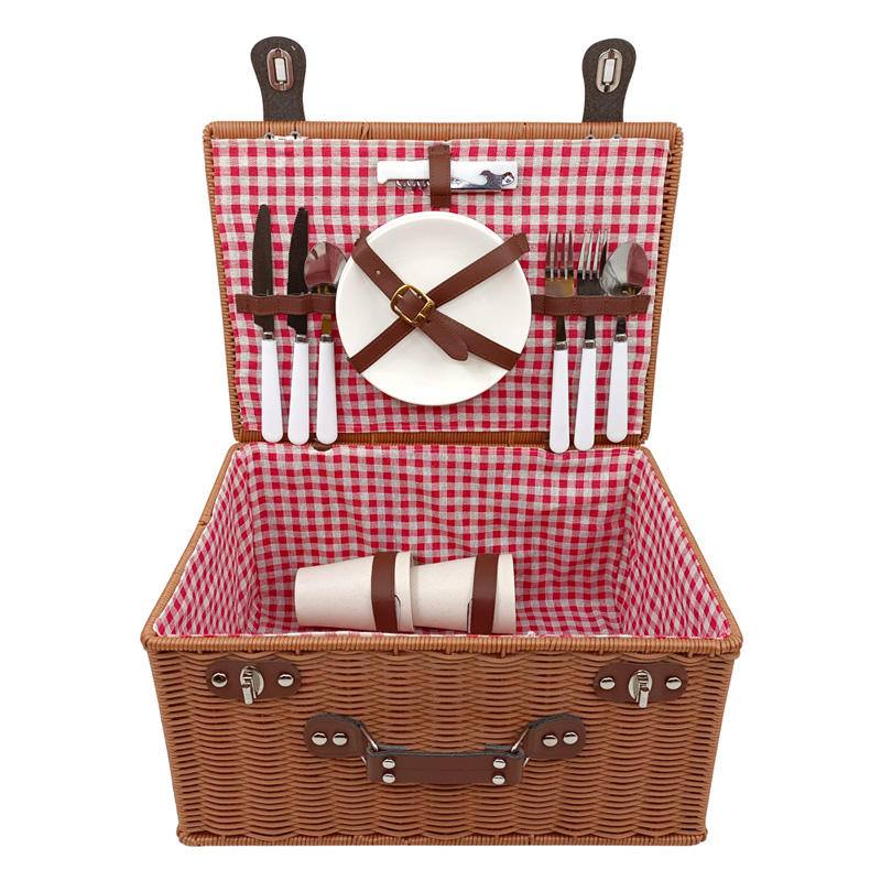 Vintage Handmade Rectangle Plastic Wicker Picnic Gift Storage Baskets With Lid Handle Red Lining Shopping Camping Outdoor