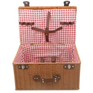 Vintage Handmade Rectangle Plastic Wicker Picnic Gift Storage Baskets With Lid Handle Red Lining Shopping Camping Outdoor