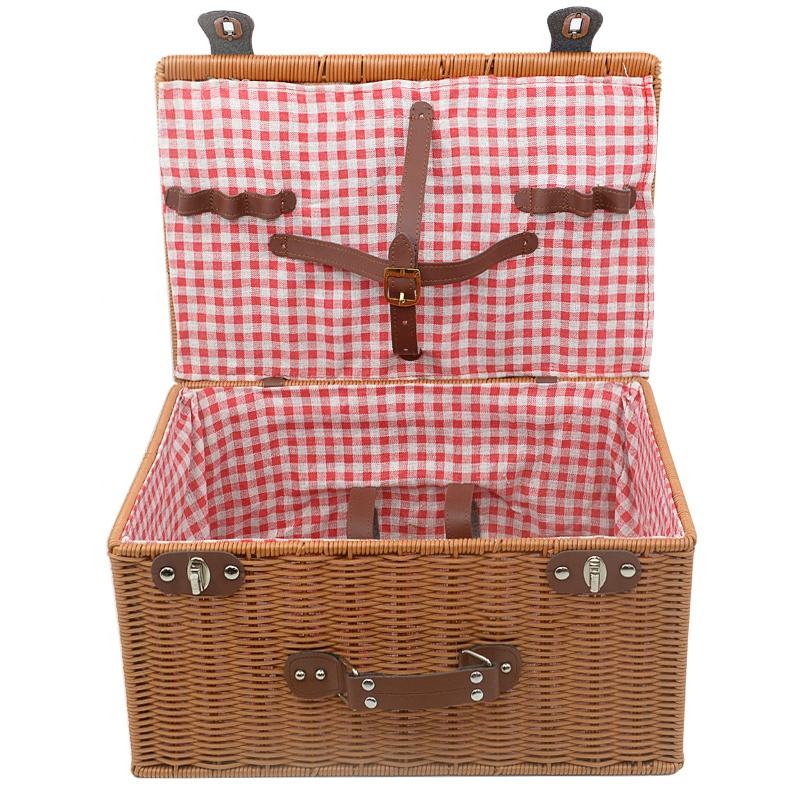 Vintage Handmade Rectangle Plastic Wicker Picnic Gift Storage Baskets With Lid Handle Red Lining Shopping Camping Outdoor