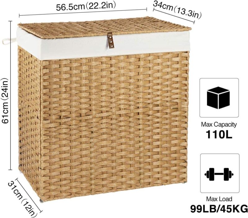 Handmade 110L Vintage PP Rattan Eco-Friendly Foldable Wicker Storage Basket with Lid for Clothing Bathroom & Laundry
